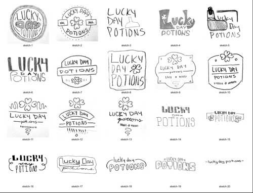 A grid of 20 thumbnail pencil sketches of a logo that reads "Lucky Day Potions".
