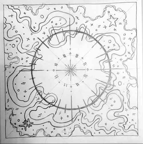 A photo of a pencil sketch of an abstract celestial spiral.