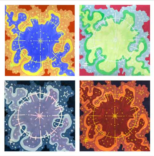 Four colorful abstract paintings in a 2x2 grid. Each painting has the same pattern, but different colors.